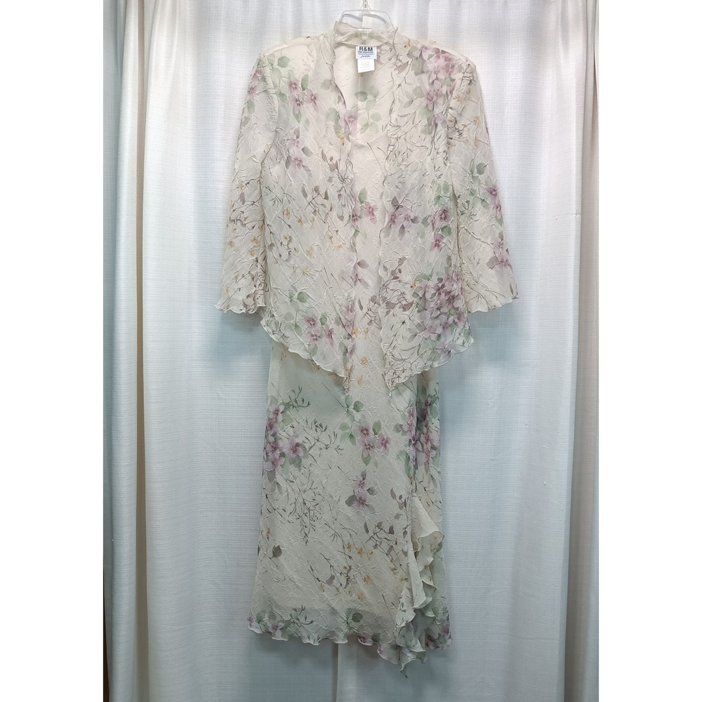 R&M Richards Petite Floral Chiffon Dress Jacket Set Size 14P Cream Wedding Vtg